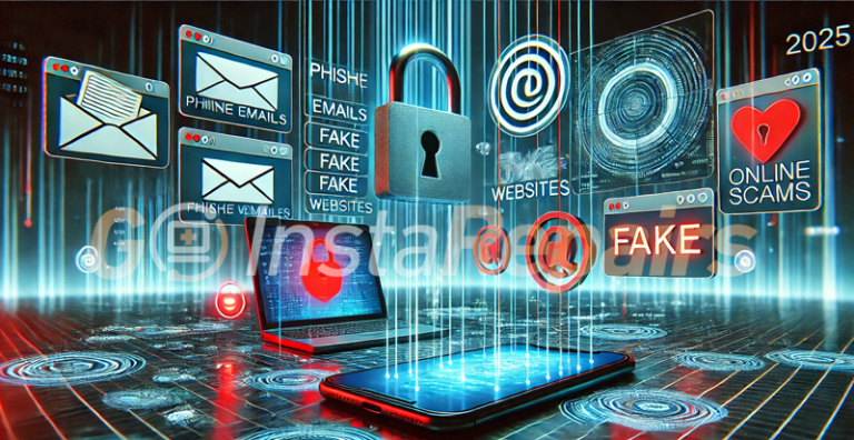 A visually striking digital artwork illustrating common online scams in 2025. The image includes elements like phishing emails, fake websites, and a m.webp