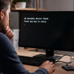 Image of a person facing his computer with a failed SSD. Usually there are message says no bootable device found.