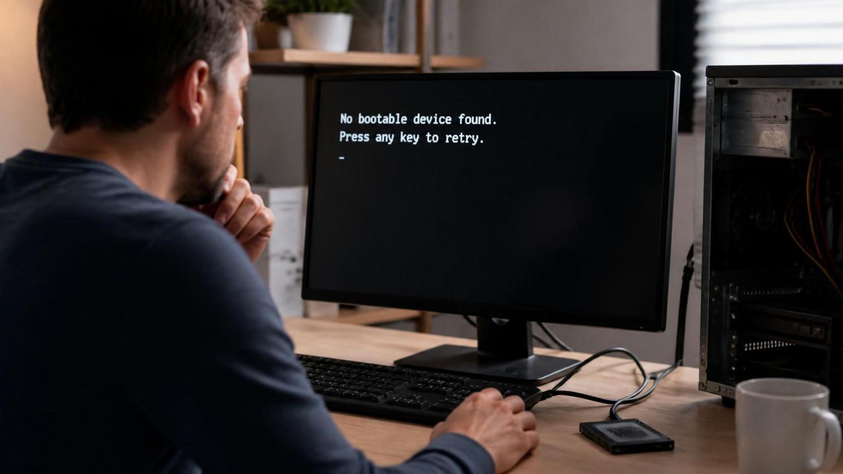 Image of a person facing his computer with a failed SSD. Usually there are message says no bootable device found.