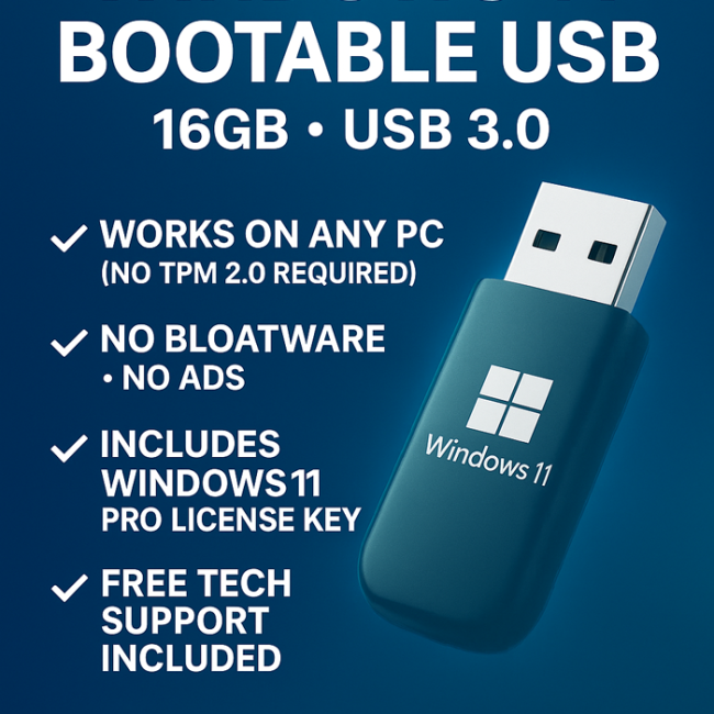 Windows 11 Bootable USB (16GB • USB 3.0) – Works on Any PC