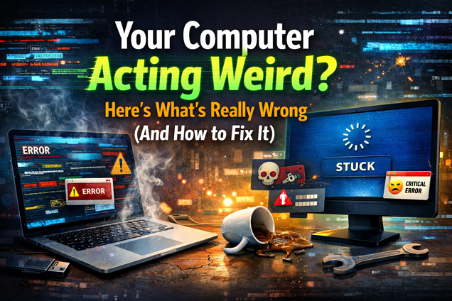 Generate an image of 16:9 screen ratio for a blog post with headline 'Your Computer Acting Weird? Here’s What’s Really Wrong (And How to Fix It)”